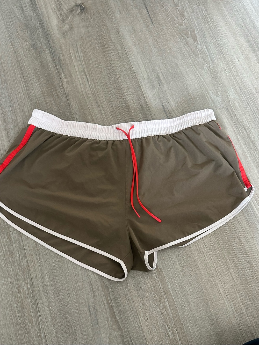 Athleta Olive Green Running Shorts with White Trim and Coral Drawstring - Picture 2 of 6